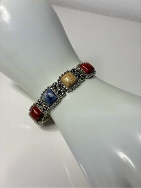 Multi-Stone Silver Bracelet with Blue, Red and Beige Accents